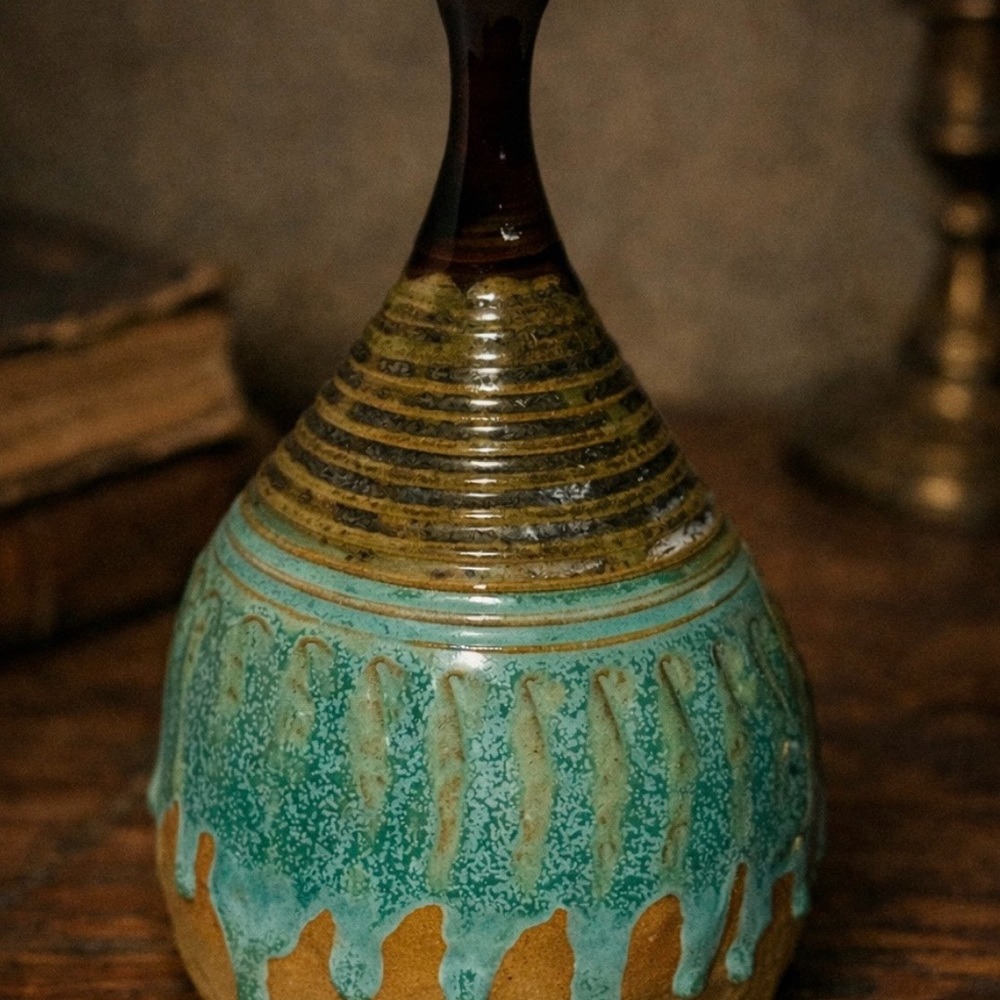 Handmade Ceramic Vase in Teal and Brown (Signed Studio Pottery)